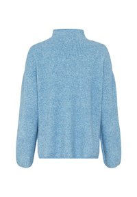 Hellblauer, gestrickter Pullover mit hohem Kragen, abgesenkten Schultern und gerippten Bündchen. Weiche Textur und kastiger Schnitt mit lockerer Passform.