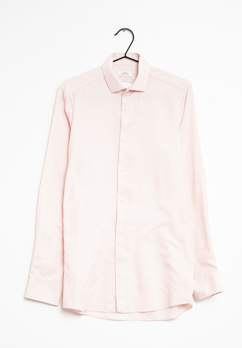 Camicia a maniche lunghe di un delicato rosa, realizzata in tessuto liscio, con colletto classico e chiusura con bottoni davanti. I polsini sono ben rifiniti.