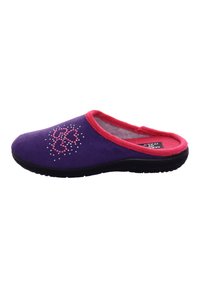Purple felt slipper with a pink trim, decorated with a floral design made of beads, and a textured black rubber sole.