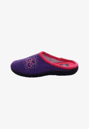 Purple felt slipper with a pink trim, decorated with a floral design made of beads, and a textured black rubber sole.
