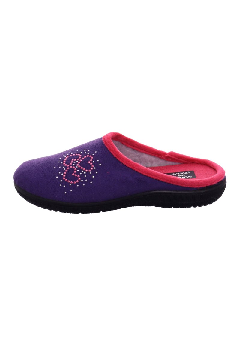 Purple felt slipper with a pink trim, decorated with a floral design made of beads, and a textured black rubber sole.