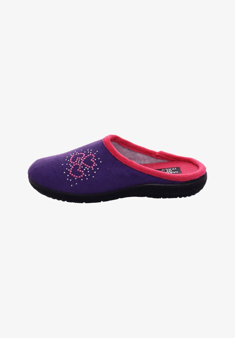 Purple felt slipper with a pink trim, decorated with a floral design made of beads, and a textured black rubber sole.