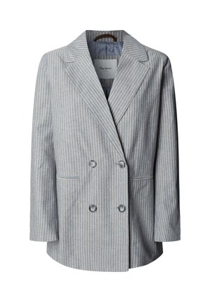 Lichtblauw dubbelgeknoopt colbert met dunne witte verticale strepen, inkeping revers, twee voorzakken en vier knopen.