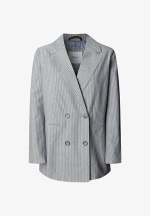 Lichtblauw dubbelgeknoopt colbert met dunne witte verticale strepen, inkeping revers, twee voorzakken en vier knopen.