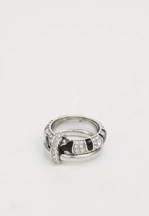 Silver ring featuring black accents and clear rhinestones, with a smooth, textured surface and intertwined design elements.