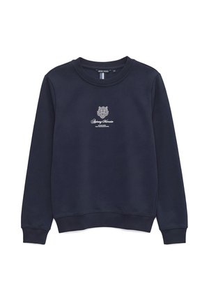 Felpa blu navy a maniche lunghe con collo rotondo, con una piccola tigre bianca ricamata e la scritta "Antony Morato" sul petto.