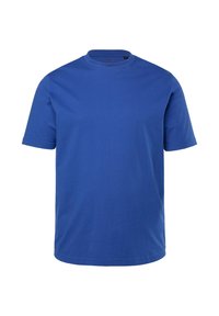 Camiseta de algodón azul con mangas cortas, cuello redondo y un ajuste holgado. Textura suave, color sólido, sin patrones ni acentos.