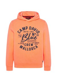 Sudadera con capucha en un vibrante color naranja, presenta un estampado gráfico azul con texto. Confeccionada en material suave con puños y dobladillo de canalé.