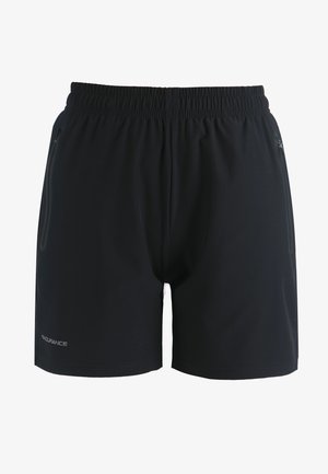 Shorts de sport noirs avec une taille élastique, deux poches zippées sur les côtés, texture lisse et détail de logo en bas à gauche.