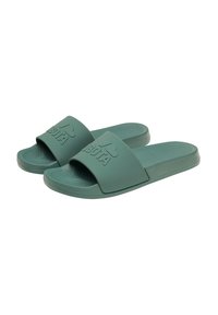 Green rubber slide sandals with a textured strap displaying "BOTA" logo, flat sole, and open toe design. Smooth finish with grip pattern.