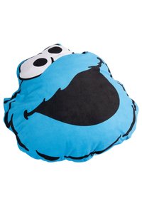 Cuscino blu in peluche a forma di personaggio dei cartoni animati con una grande bocca nera e occhi bianchi. Texture morbida, bordi arrotondati e design giocoso.