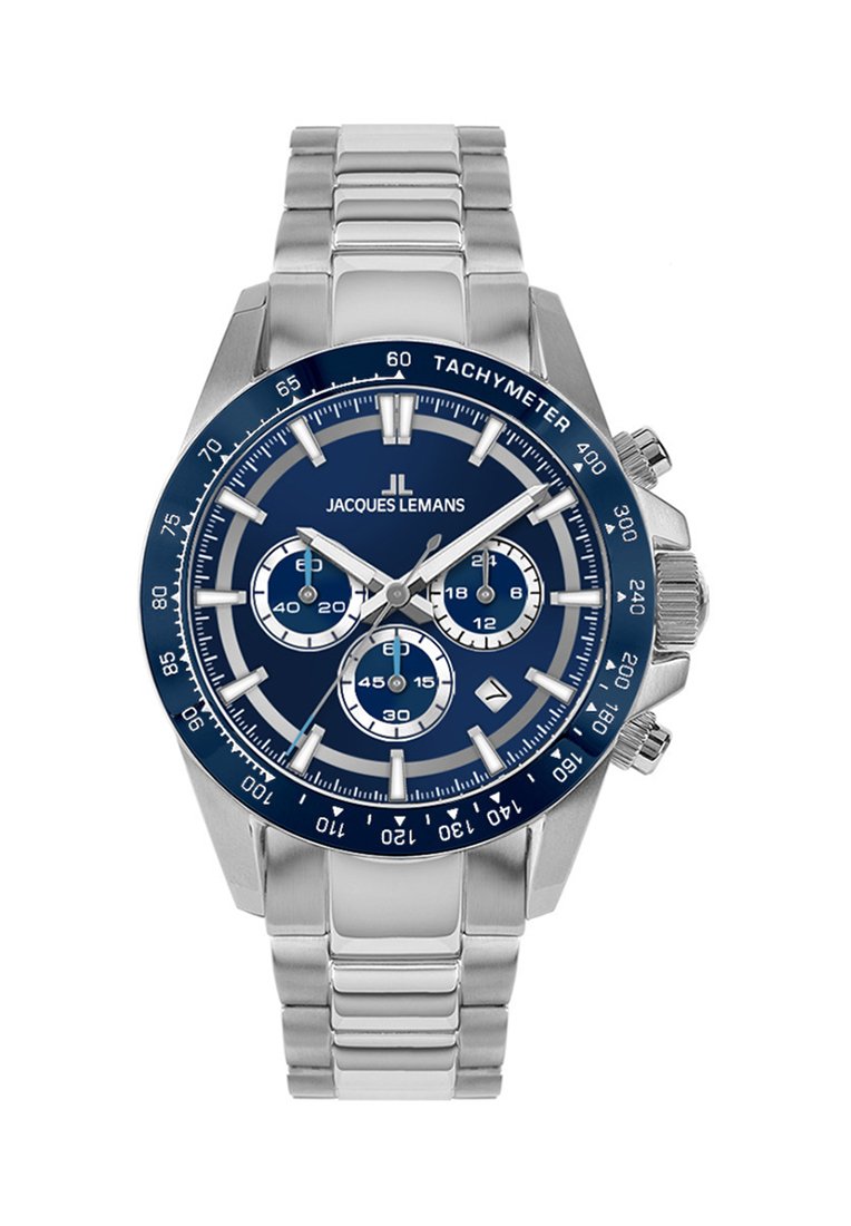 Reloj cronógrafo de acero inoxidable con una esfera azul marino, acentos plateados, bisel taquimétrico y tres subesferas para funciones de cronometraje.
