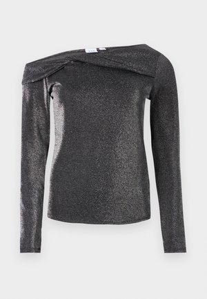 Must pikkade varrukatega top, millel on metalliline läige, õlgadeta lõige, pehme tekstuur ja unikaalne volditud detail kaelusel.