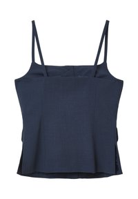 Marineblaue ärmellose Bluse mit dünnen Trägern und geradem Ausschnitt, taillierter Schnitt und seitlichen Schlitzen.