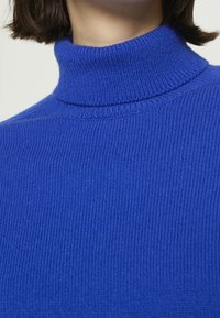 Blå ribbad polotröja med hög krage och textilstruktur. Närbilden framhäver stickmönstret och den livfulla färgen.