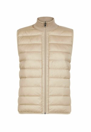 Beige gesteppte Weste mit hohem Kragen, Reißverschluss und horizontalem Steppdesign. Glattes Material mit leichtem Griff und ohne Ärmel.