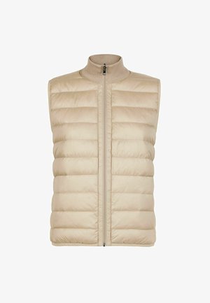 Beige gesteppte Weste mit hohem Kragen, Reißverschluss und horizontalem Steppdesign. Glattes Material mit leichtem Griff und ohne Ärmel.