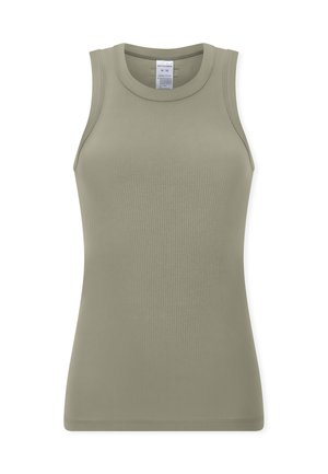 Oliwkowy, bezrękawnik z prążkowanego materiału, z okrągłym dekoltem i dopasowanym krojem, przedstawiony na płasko, bez rozpraszającego tła.