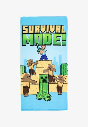 Un personnage de style bloc tenant une épée se tient sur des blocs de sable face à cinq figures ressemblant à des zombies et une créature verte en dessous, avec le texte « Mode Survie ! » au-dessus.