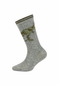 Graue Socken mit einem gerippten Bündchen und einem grünen Dinosaurierdesign an der Seite. Hergestellt aus weichem Stoff, mit einer üblichen Knöchellänge.