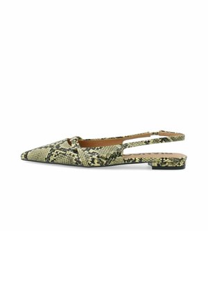 Scarpa piatta con punta appuntita, motivo beige e nero effetto pelle di serpente e cinturino slingback aperto.