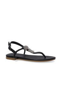 Zwarte platte sandalen met een teenpostontwerp, voorzien van een metallic versiering en een verstelbare enkelband. Soepel materiaal en flexibele zool.