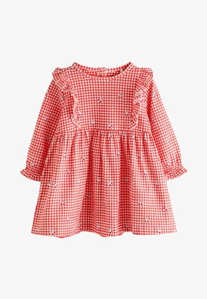 Röd gingham-klänning med volangkrage och ärmar. Har blommor och körsbärsmönster. Utställd form, lättviktig tyg, långa ärmar.