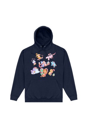 Marineblauwe hoodie met kleurrijke cartoon dieren die zuurstokken vasthouden en schaatsen, sleeën en glijden op een sneeuwthema.