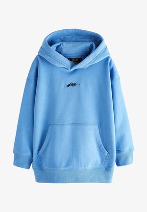 Sweat à capuche bleu clair en tissu doux, avec une poche kangourou à l'avant et un petit logo noir sur la poitrine. Poignets et ourlet côtelés.