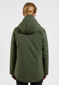Green waterproof jacket with a hood, featuring a smooth texture and a longer back. Fitted sleeves and minimalistic design elements.