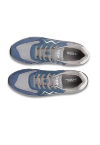 Athletic shoes featuring a mix of blue suede and grey mesh, with white accents and grey laces. Rounded toe and treaded rubber sole.