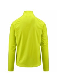 Giacca a maniche lunghe di un brillante colore giallo. Presenta un colletto alto e una texture liscia. Nessun motivo visibile o hardware. Vista posteriore mostrata.