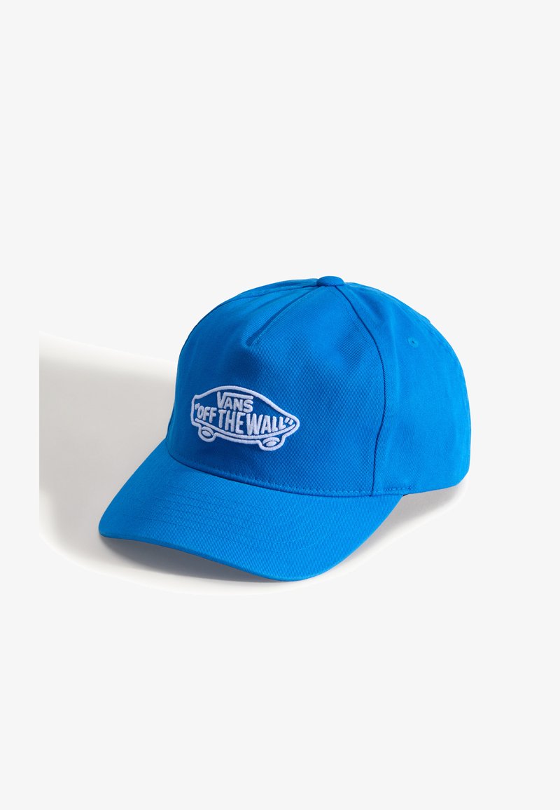 Gorra de algodón azul con visera curvada y el logotipo bordado "Vans Off the Wall" en blanco, con un color sólido en toda su superficie.