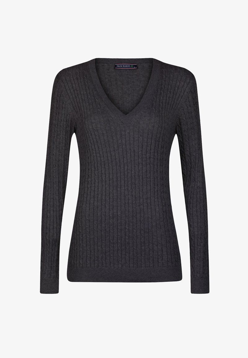 Ciemnoszara sweter z dzianiny w warkocze, z długim rękawem, dekoltem w kształcie litery V oraz ściągaczami przy mankietach i u dołu, oznaczony marką Felix Hardy, rozmiar mały.