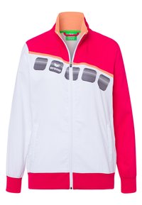 Weißer Zip-Jacke mit leuchtend pinken und orangen Akzenten. Verfügt über einen Stehkragen und horizontale Streifen auf der Brust mit einem Logo.