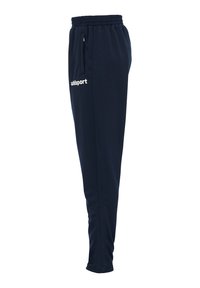Marineblauwe sportbroek van lichtgewicht stof, met een elastische tailleband, een ritssluiting aan de zijkant en een wit logo op de linker dij.
