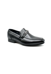 Mocassins en cuir noir avec une finition lisse, dotés d'une boucle en tonalité argentée et d'un petit talon, conçus avec une forme de bout rond.