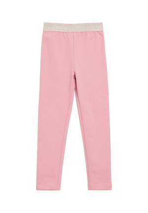 Leggings roses longueur totale avec une large ceinture élastique dorée scintillante, posés à plat sur un fond blanc.