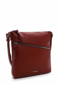 Red leather handbag with a textured surface, featuring a prominent silver zipper pocket and a detachable shoulder strap.