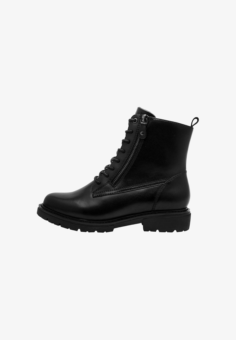 Bottines en cuir noir avec un bout arrondi, des lacets sur le devant et une fermeture éclair sur le côté. Comprend une semelle texturée et une languette à l'arrière.