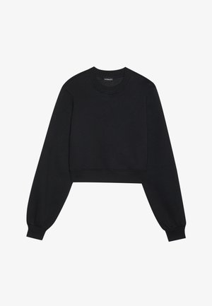 Black cropped sweatshirt made of soft material. Features long, slightly puffed sleeves and ribbed cuffs. Round neckline with no print.