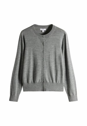 Grey long-sleeve cardigan with round neckline and front buttons, made of fine knit fabric, displayed on a white background.