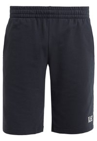 Pantaloni corti blu navy con vita elasticizzata. Realizzati in tessuto morbido, dotati di tasche laterali e un piccolo logo stampato sull'orlo inferiore.