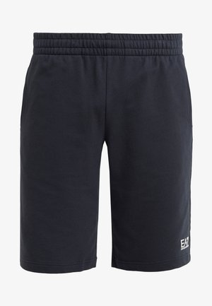 Shorts azul marino con una cinturilla elástica. Hechos de una tela suave, con bolsillos laterales y un pequeño logo impreso en el dobladillo inferior.