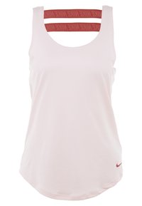Top rosa chiaro senza maniche con orlo curvato, caratterizzato da una fascia rossa con logo sul retro e il logo swoosh di Nike nell'angolo in basso a destra.