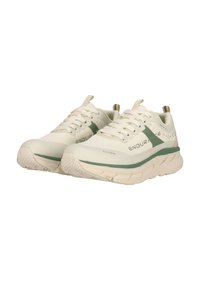 Leichte Sneakers in Creme mit grünen Akzenten. Atmungsaktives Mesh-Obermaterial, gepolsterte Zunge, strukturierte Gummisohle mit gutem Grip.
