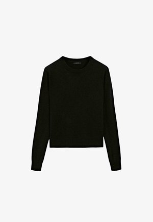 Pull en tricot noir avec un col rond, des manches longues et une coupe cropped. Fabriqué dans un matériau doux avec une texture lisse.