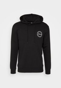 Zwarte hoodie in katoenmix, met een voorzak, trekkoord in de capuchon en een rond logo op de borst. Klassiek ontwerp.