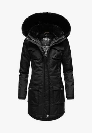 Zwarte parka-jack met een met bont afgewerkt capuchon, twee borstzakken en twee lagere zakken met drukknopen; heeft een ritssluiting en een gewatteerde binnenzijde.