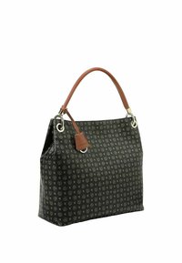 Zwarte handtas met een patroon en een gladde textuur, bruin leren handvat en zilveren hardware accenten. Voorzien van een logo-label.